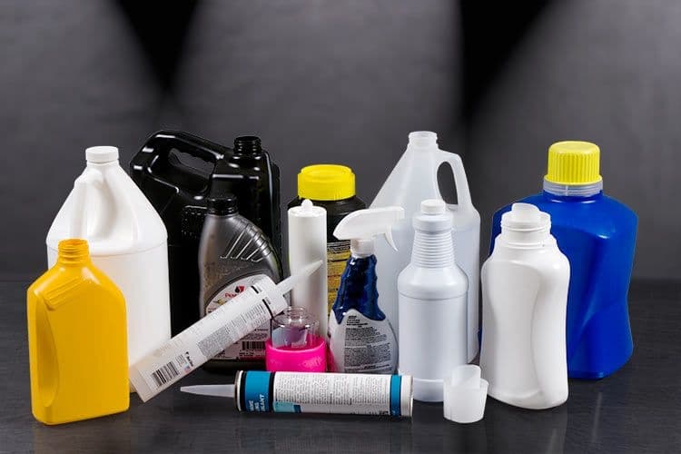 Mixed automotive and industrial plastic containers for chemical filling.