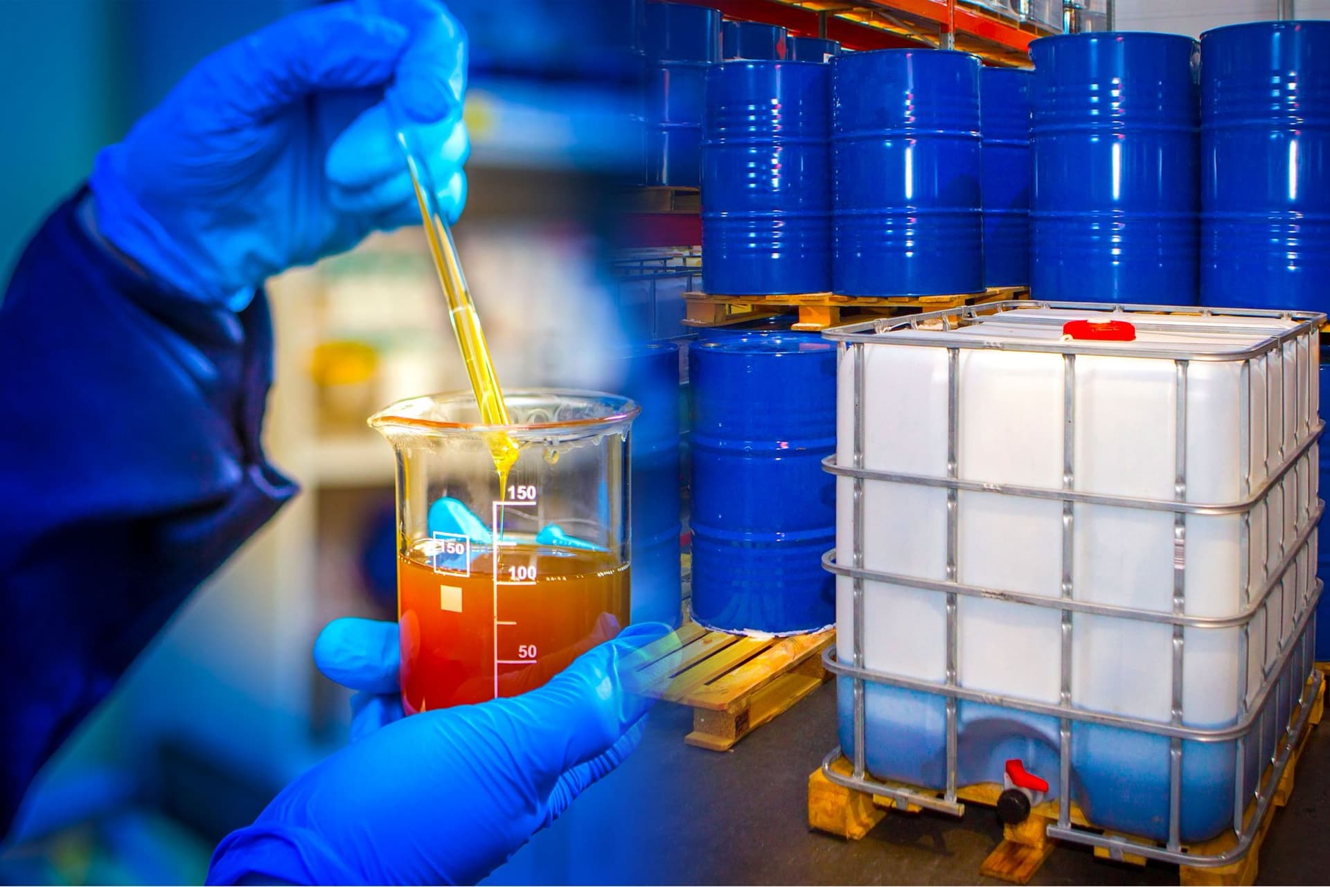 Raw materials and beakers staged for liquid processing - Clarity work before perfume cold filtration and fill.